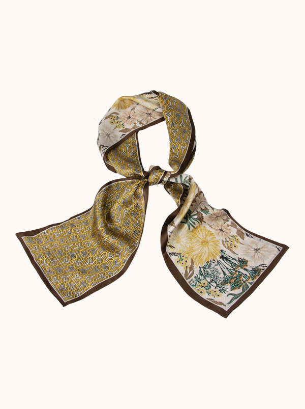 Dwustronny wąski szal z podwójnego jedwabiu  we wzory i kwiaty 16x145cm