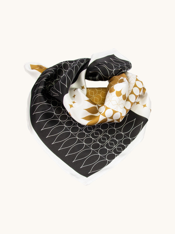 Apaszka jedwabna złota z motywem geometrycznym 53x53cm 