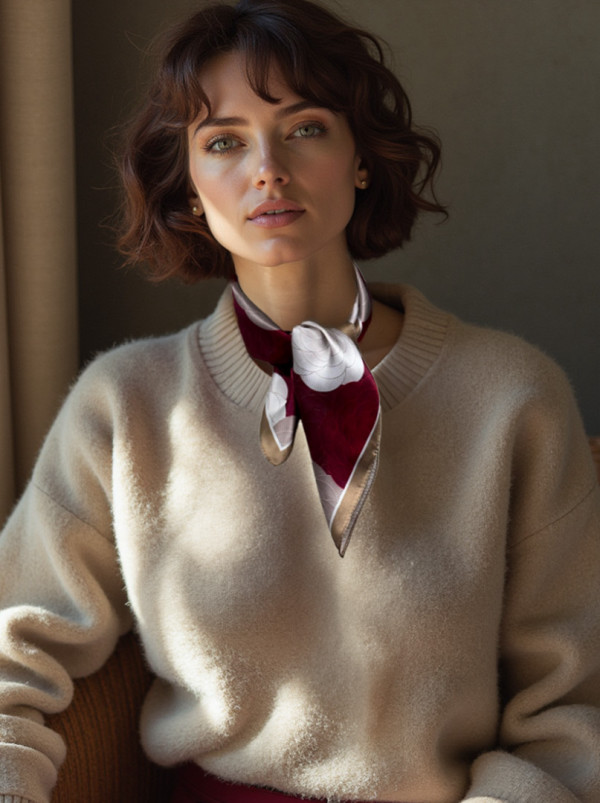 Apaszka jedwabna w czerwone kwiaty 53x53 cm PREMIUM