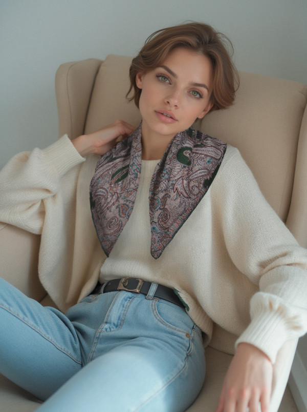 Apaszka dwustronna wełna z jedwabiem Orientalna Symetria 65cm x 65cm PREMIUM