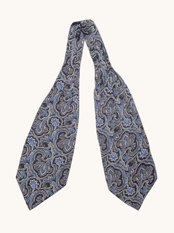 Black silk foulard in shades of navy blue in geometric pattern 17 x 130 cm