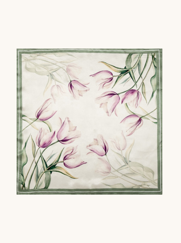 Apaszka jedwabna beżowa w kwiaty 53x53 cm