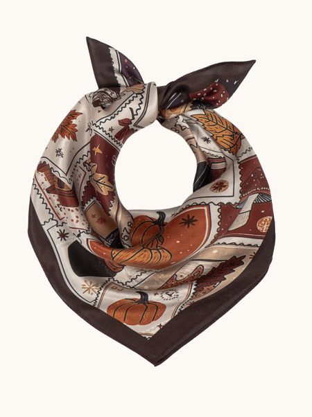 Apaszka jedwabna brązowa w znaczki pocztowe 53x53cm 