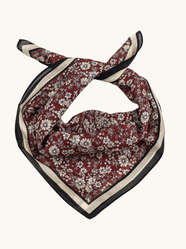 Small cotton scarf with mulberry silk flowers on burgundy background 53cm x53cm