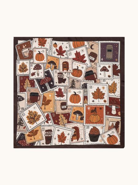 Apaszka jedwabna brązowa w znaczki pocztowe 53x53cm 