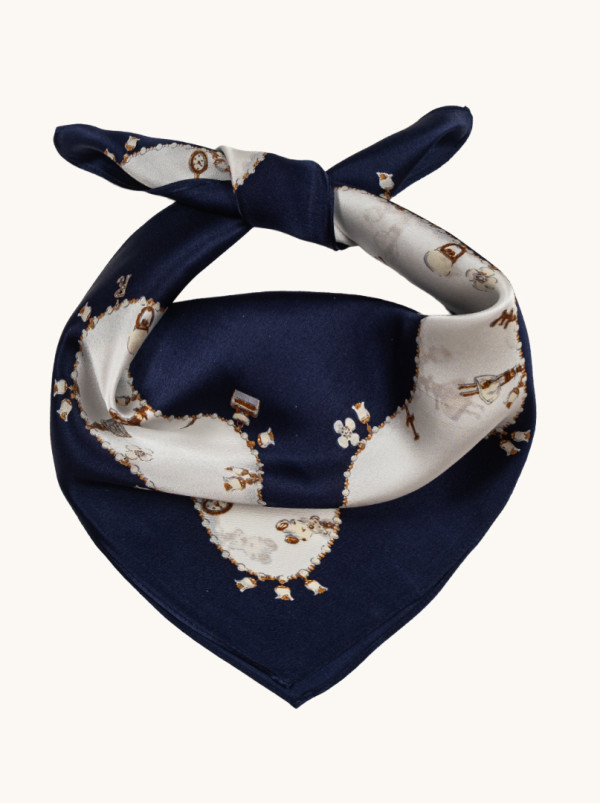 Apaszka jedwabna granatowa z motywem galanterii 53x53 cm