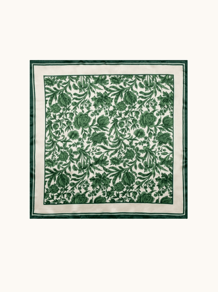 Green silk scarf with a floral pattern, 53x53 cm