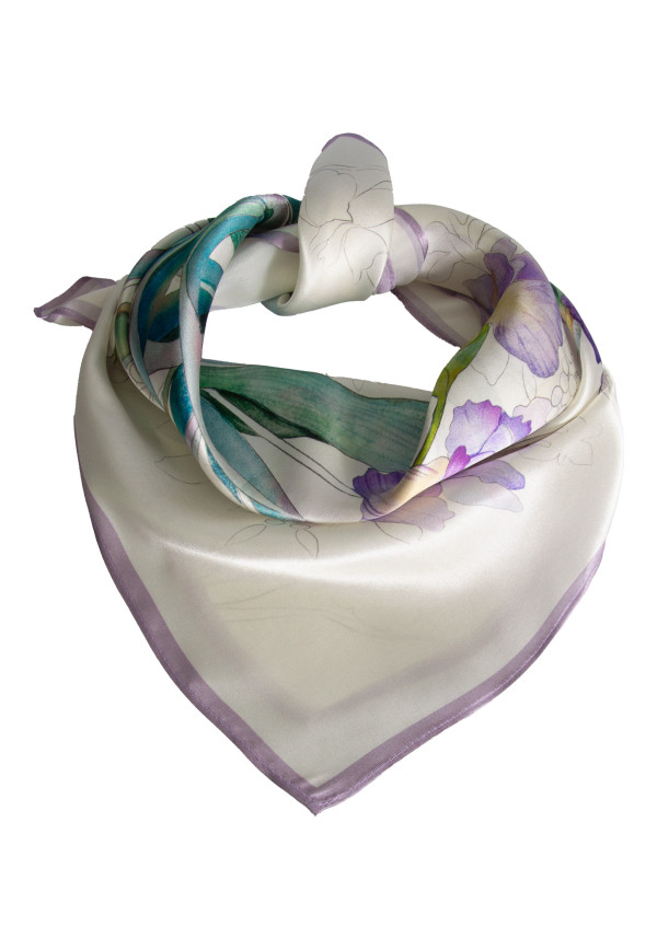 Apaszka jedwabna kremowa w fioletowe irysy 68x68 cm