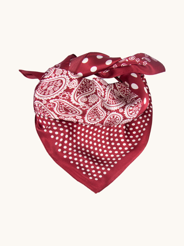 Mała apaszka  jedwabna gawroszka bordowa czterostronna Grochy i Paisley 53 cm x 53 cm PREMIUM