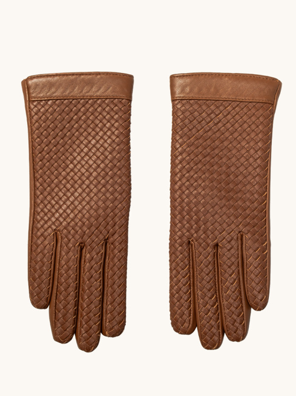 Rękawiczki skórzane karmelowe o plecionej strukturze ocieplane wełną M