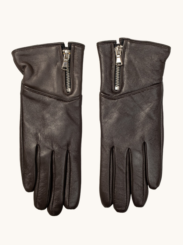 Rękawiczki skórzane ciemny brąz z suwakiem ociepalne wełną L