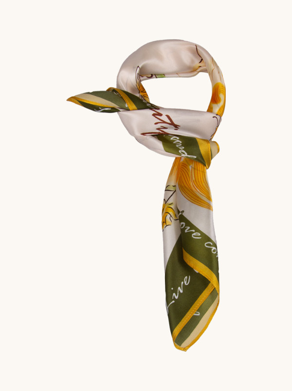 Yellow-green silk scarf with flowers 70 cm x 70 cm