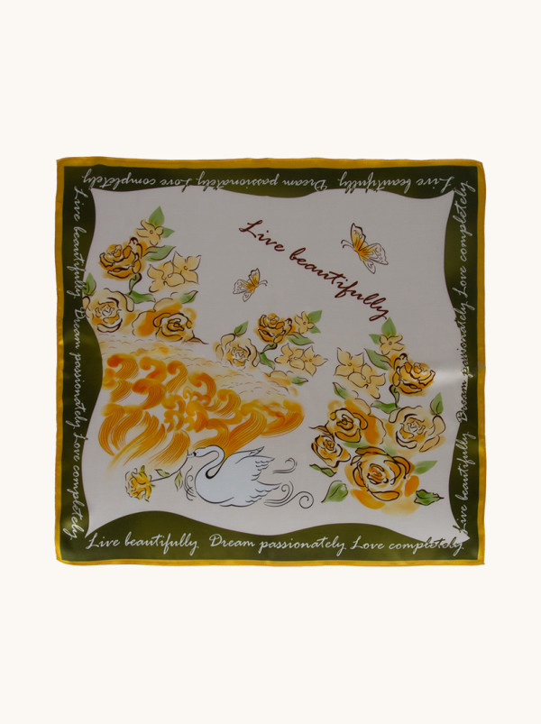 Yellow-green silk scarf with flowers 70 cm x 70 cm