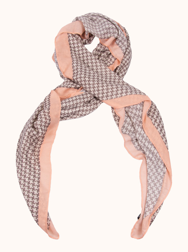 Light brown houndstooth viscose scarf with pink border 80 cm x 180 cm