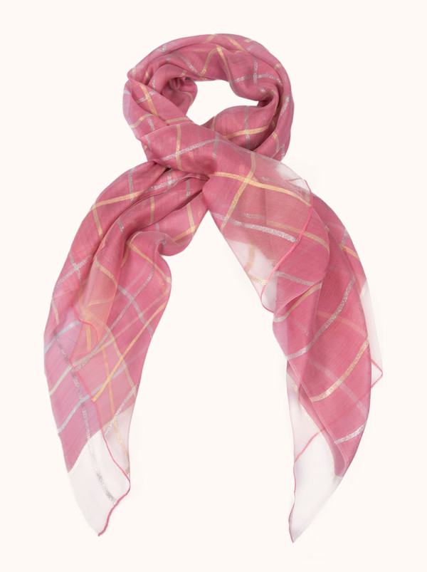 Pink formal scarf with gold and silver check, 65 cm x 185 cm