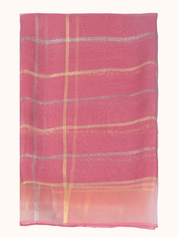 Pink formal scarf with gold and silver check, 65 cm x 185 cm