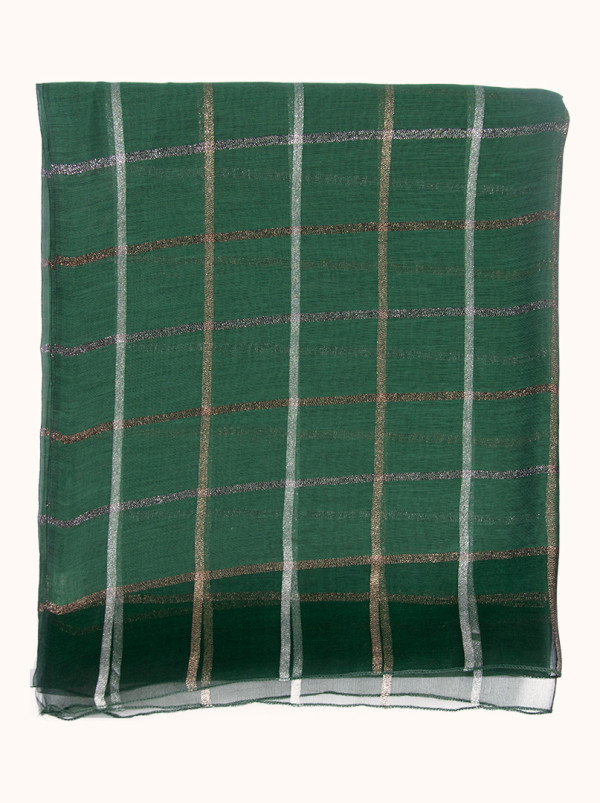 Green formal scarf with a check pattern, 65 cm x 185 cm