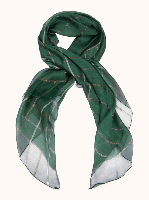 Green formal scarf with a check pattern, 65 cm x 185 cm