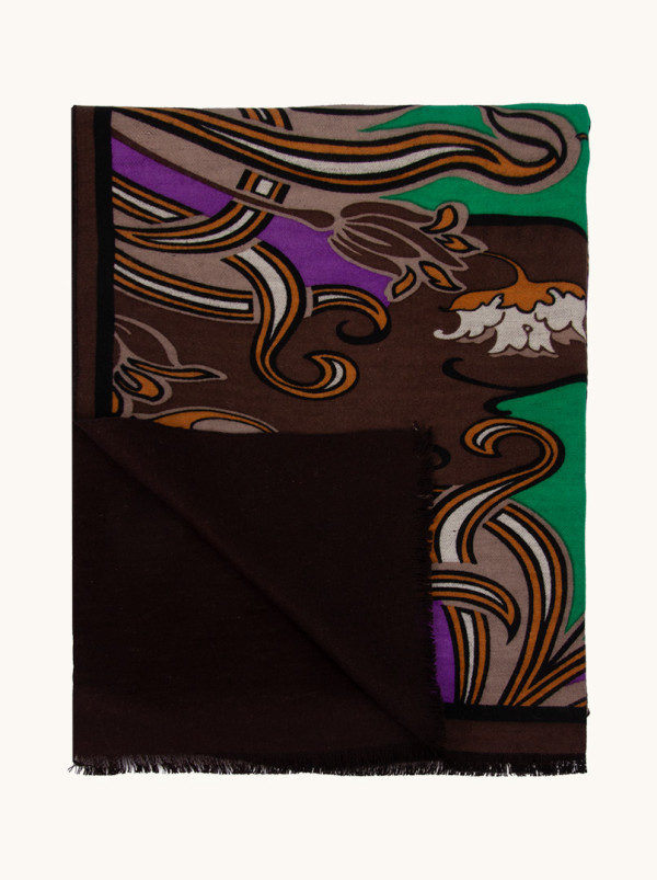 Warm silk scarf, double-sided, brown with a green oriental pattern, 65cm x 200cm