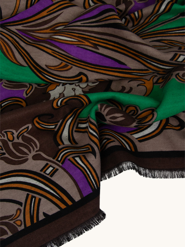 Warm silk scarf, double-sided, brown with a green oriental pattern, 65cm x 200cm