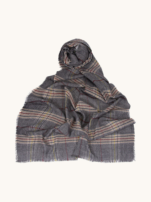 Warm gray scarf with wool, checked, 90cm x 200cm