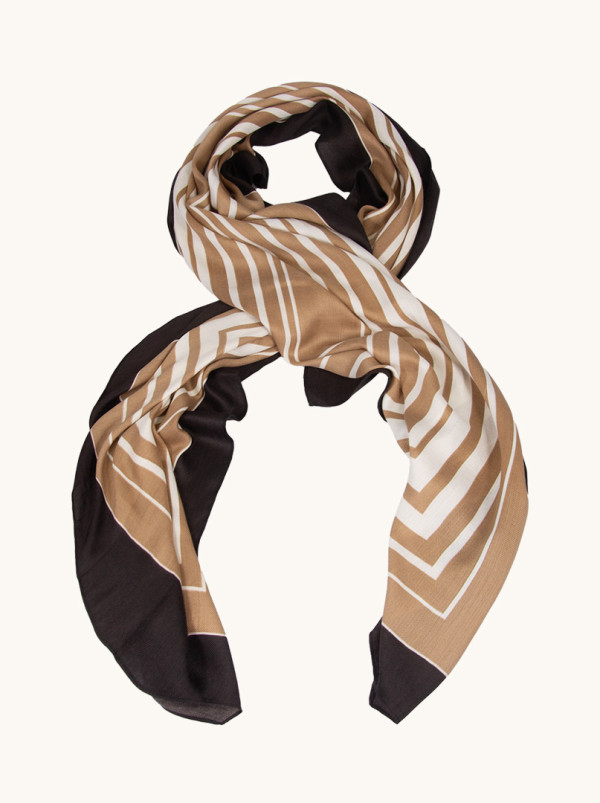 Light beige and white scarf with brown border in a geometric pattern 65cm x 180cm