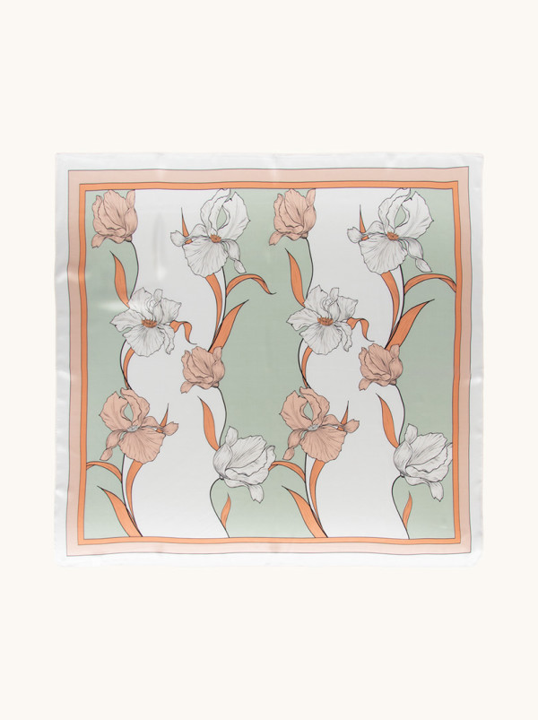 Duża apaszka jedwabna z motywem irysów miętowo-łososiowa 88x88 cm