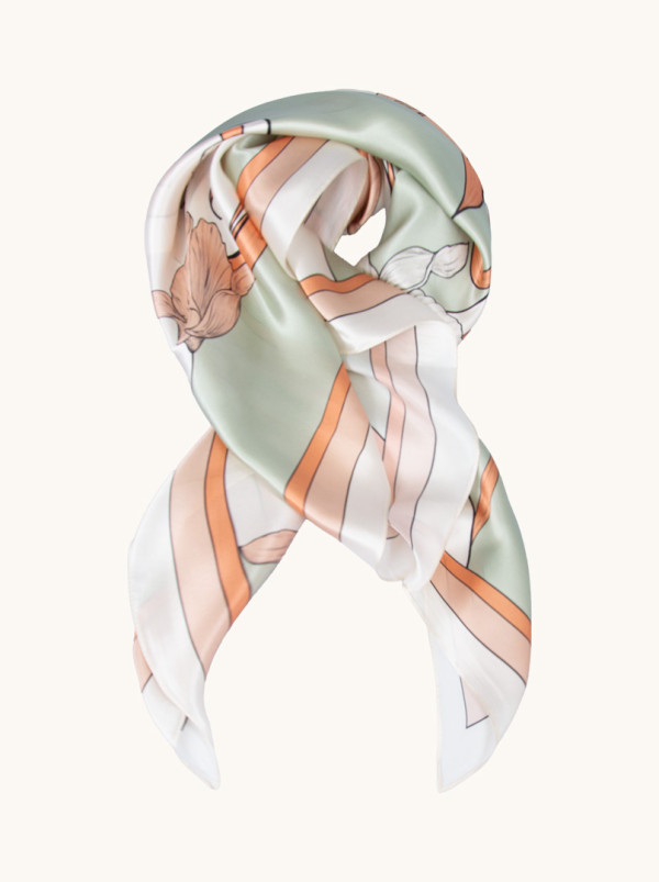 Duża apaszka jedwabna z motywem irysów miętowo-łososiowa 88x88 cm