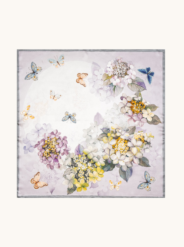 Apaszka jedwabna fioletowa w kwiaty 53x53 cm