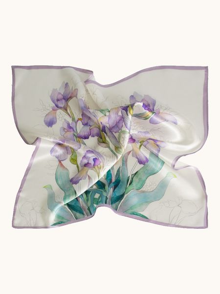 Apaszka jedwabna kremowa w fioletowe irysy 70x70 cm 