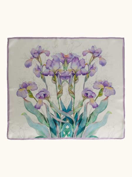 Apaszka jedwabna kremowa w fioletowe irysy 70x70 cm 