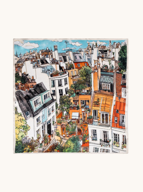 Apaszka jedwabna wielokolorowa z motywem miasta 53x53 cm