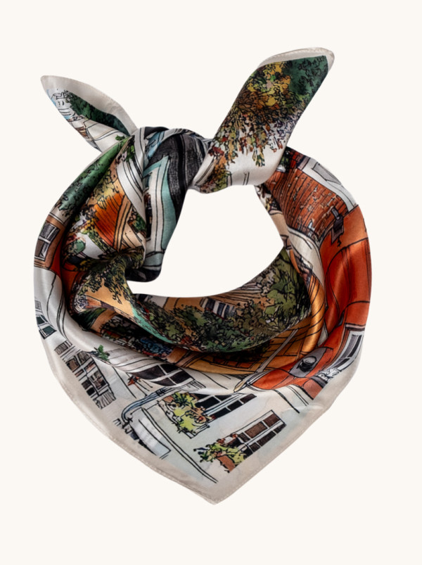 Apaszka jedwabna wielokolorowa z motywem miasta 53x53 cm