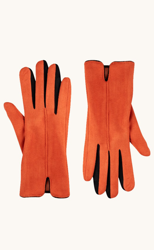 Rękawiczki damskie zamszowe pomarańczowe z czarnymi wstawkami