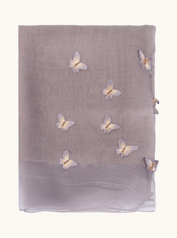 Shawl with butterflies - evening lightness in grey-lavender tones 70cm x 200cm