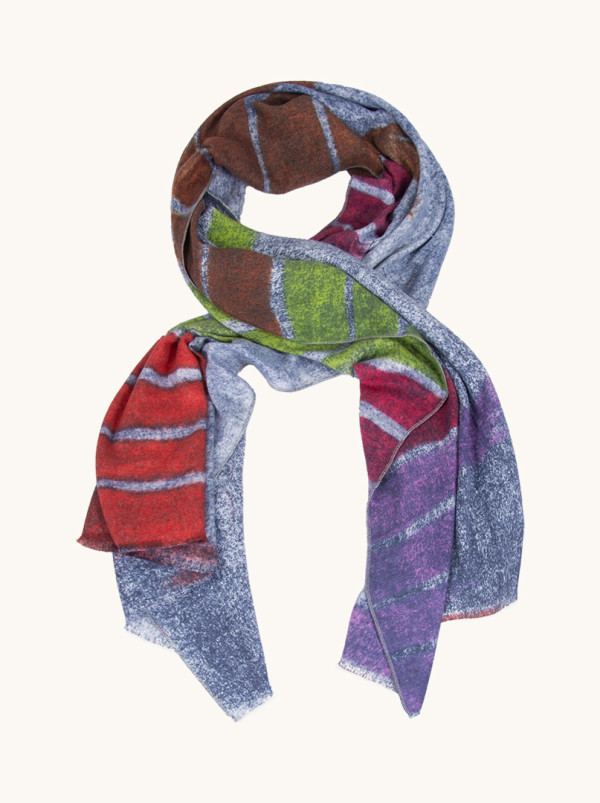 Blue warm scarf with wool in colorful stripes 70 cm x 190 cm.