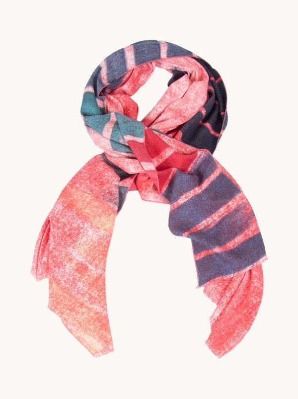 Red warm scarf with wool in colorful stripes 70 cm x 190 cm