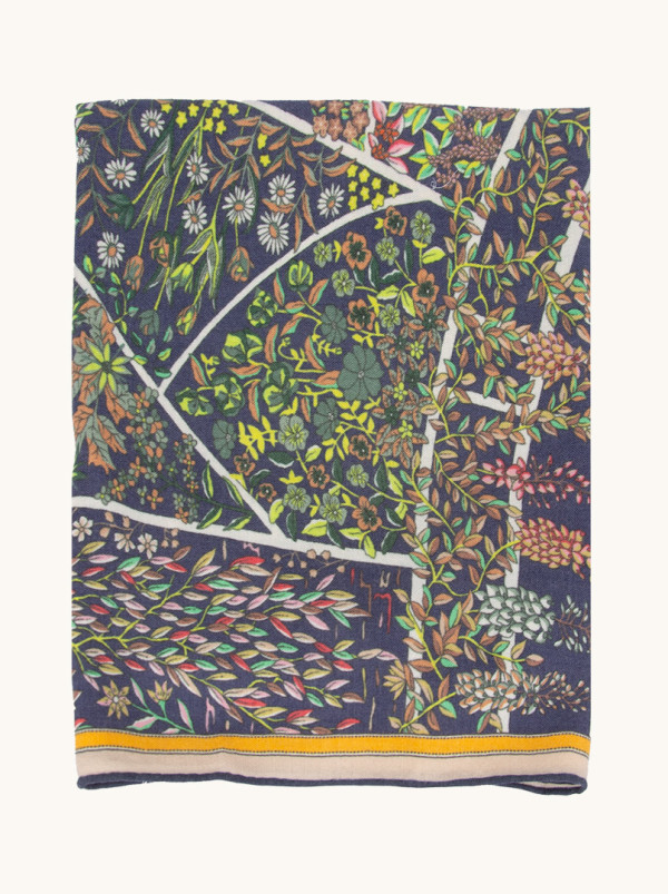 Two-sided woollen shawl with flowers on navy blue background 60cm x 180cm 