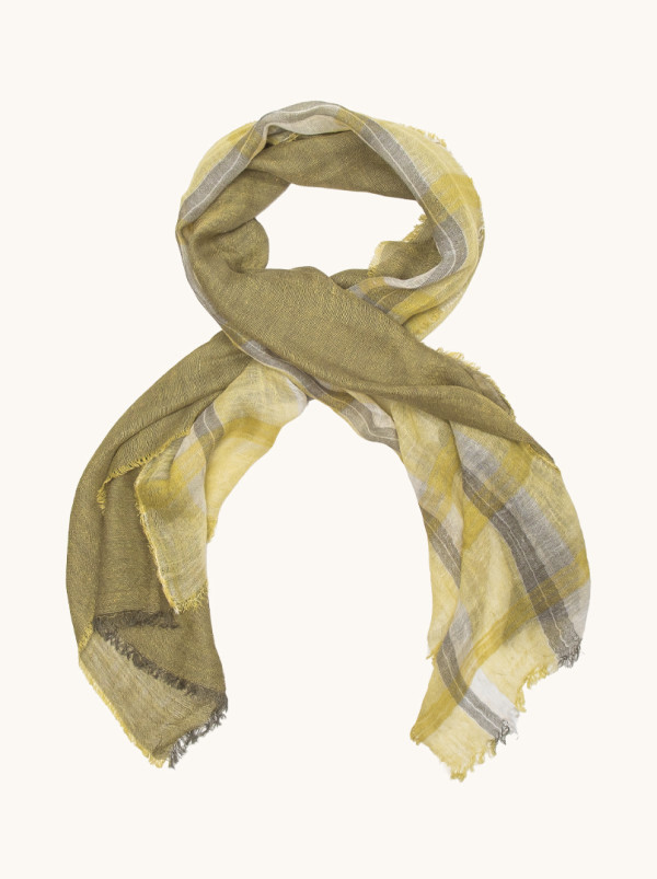  Lniany szal w odcieniach oliwki i żółci 75cm x 205cm 