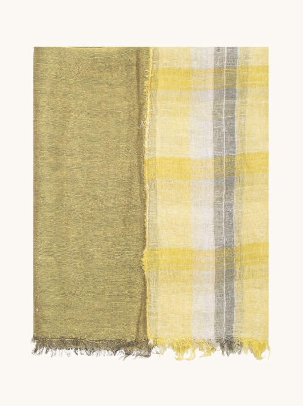  Lniany szal w odcieniach oliwki i żółci 75cm x 205cm 