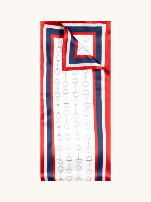 Jedwabny szal w stylu jeździeckim czerwono granatowy z motywem uprzęży  16cm x 145cm 