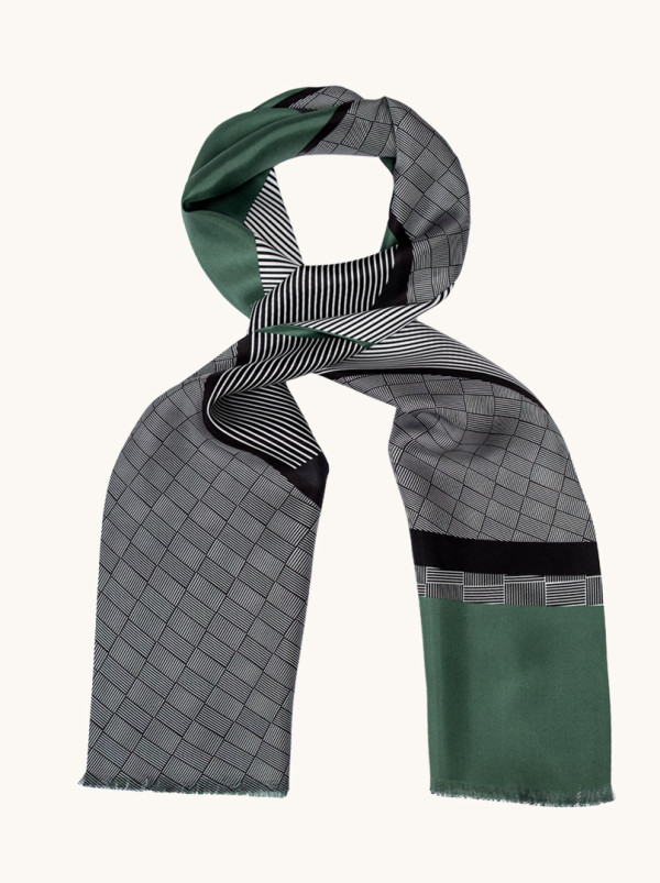 Ekskluzywny szal jedwabny zielony w geometryczne wzory 25 cm x 160 cm