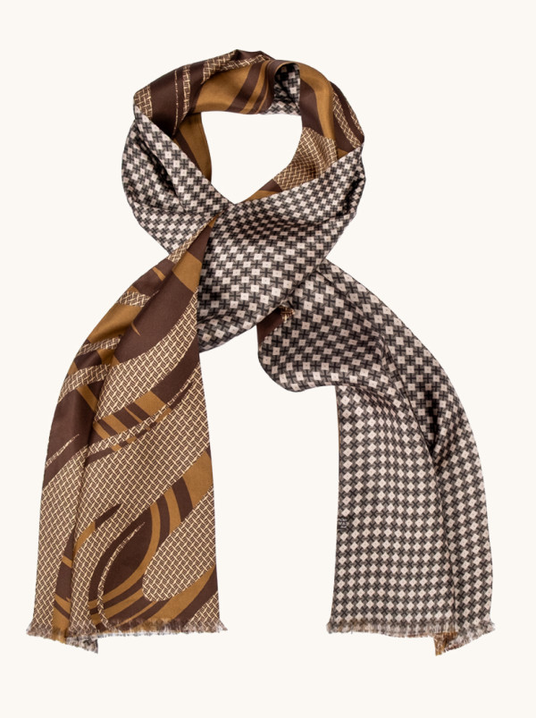 Ekskluzywny szal jedwabny brązowy w geometryczne wzory 25 cm x 160 cm
