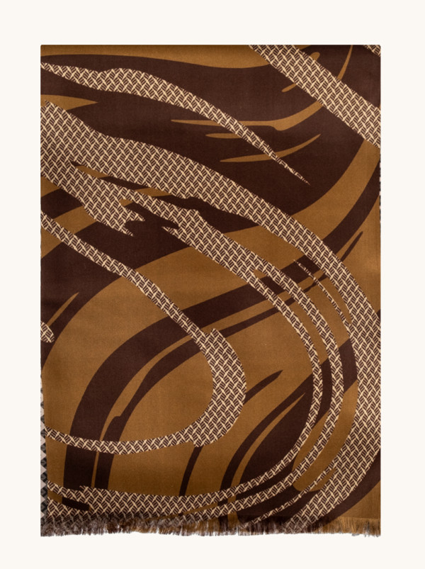 Ekskluzywny szal jedwabny brązowy w geometryczne wzory 25 cm x 160 cm