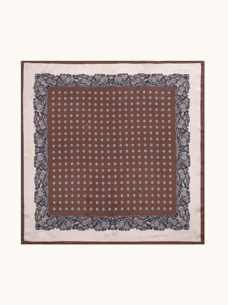 Brown Silk Scarf with Geometric Pattern, 70x70 cm