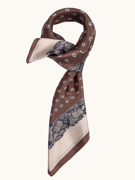 Brown Silk Scarf with Geometric Pattern, 70x70 cm