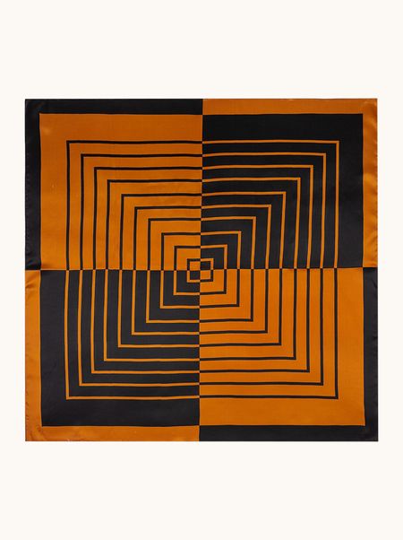 Caramel silk scarf with geometric patterns 90x90 cm