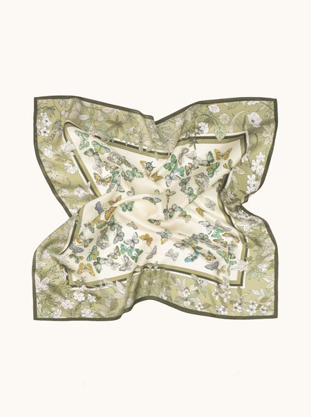 Apaszka jedwabna zielona w motyle FARFALLINA 90x90 cm PREMIUM