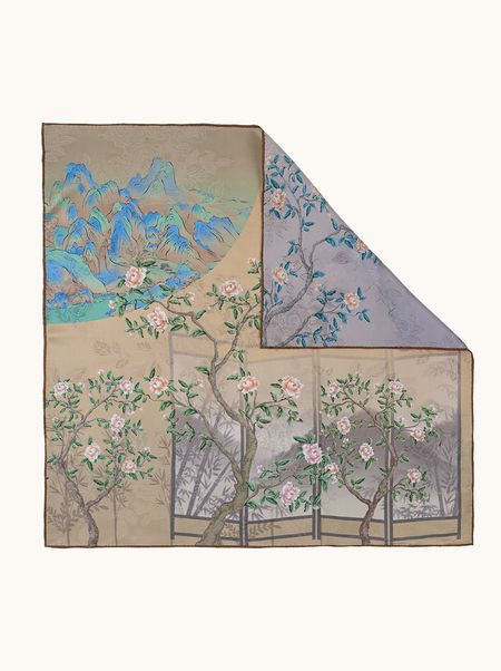 Apaszka jedwabna dwustronna orientalny pejzaż 65x65 cm