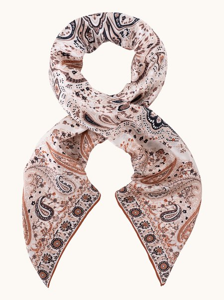 Large beige silk scarf with paisley motif 110x110 cm